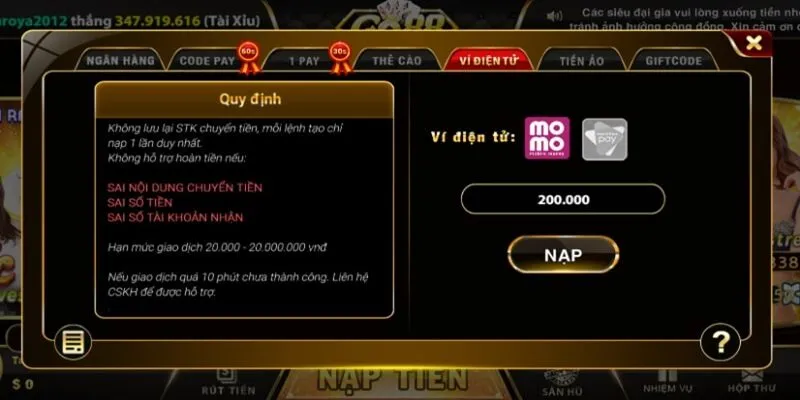 Nạp nhanh bằng ví Momo và Viettel pay tại Go88 Nạp nhanh bằng ví Momo và Viettel pay tại Go88